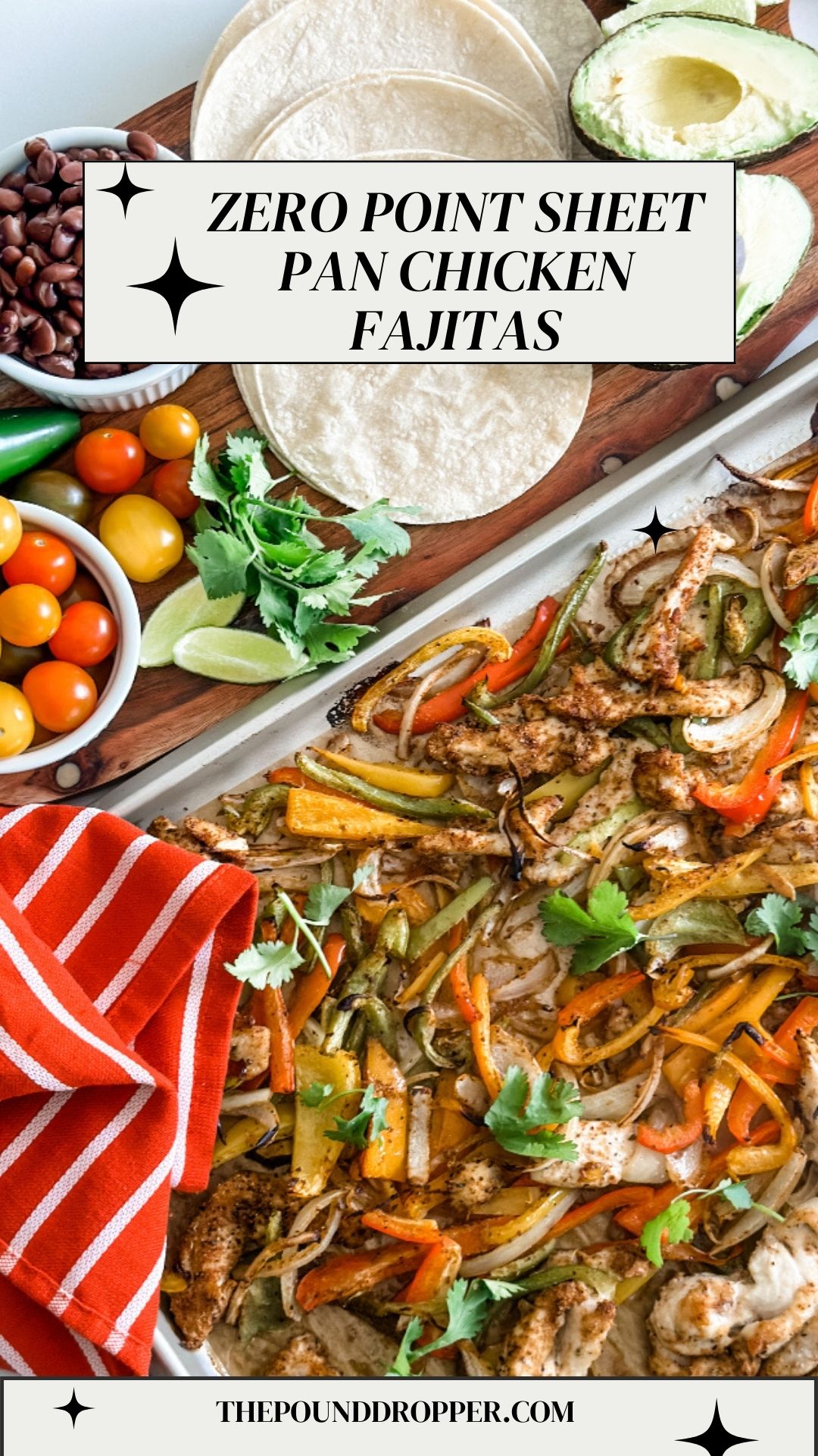 These Zero Point Sheet Pan Chicken Fajitas is a quick and easy family friendly recipe! These chicken fajitas are seasoned with a super flavorful homemade fajita seasoning-and are baked on a baking sheet making for minimal prep and minimal clean up! They are guaranteed to become a family favorite!  via @pounddropper