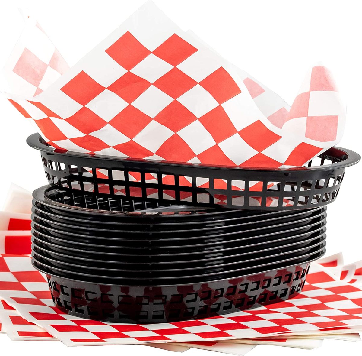 Retro Style Black Fast Food Basket (6 Pk) and Red Checkered Deli Liners