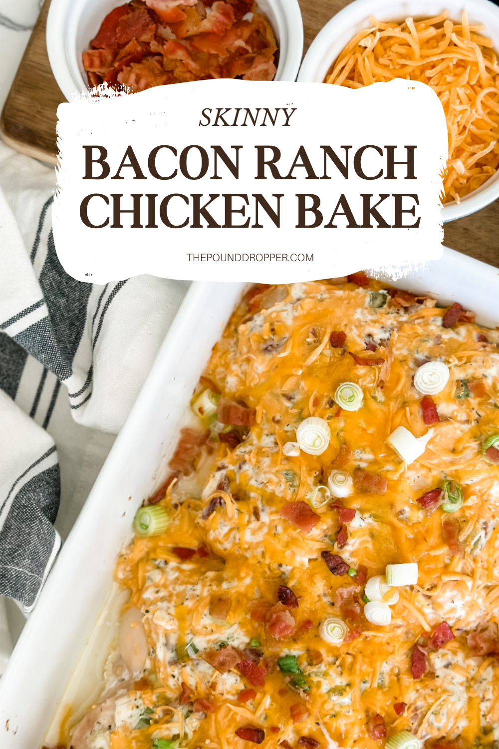 There's just something comforting about a homemade casserole and this Skinny Bacon Ranch Chicken Bake has all of the best flavors-chicken, creamy cream cheese mixed with green onions, ranch seasonings, bacon! It's naturally gluten-free, low carb, and makes for the tastiest weekday dinner! via @pounddropper
