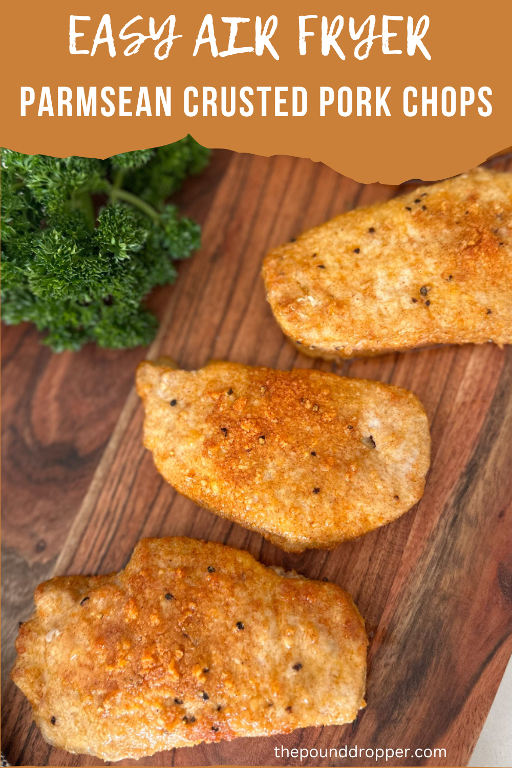 These Easy Air Fry Parmesan Crusted Pork Chops are tender, juicy and have amazing flavor! These make for an easy dinner recipe that the entire family will love! These Easy Air Fry Parmesan Crusted Pork Chops naturally gluten-free, low carb, and packed with protein! via @pounddropper