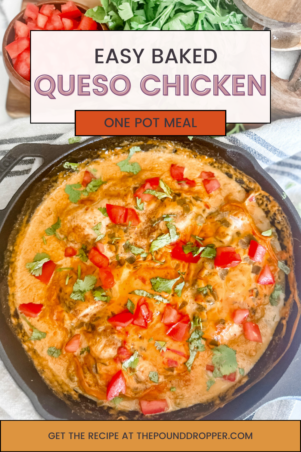 This Easy Baked Queso Chicken makes for a quick and easy meal! Skinless, boneless chicken breasts baked in gooey con queso cheese sauce! Made with just a few ingredients, a 5 minute prep time, and in just one pan- it's a dinner recipe that your family will love and it's guaranteed to be devoured! via @pounddropper