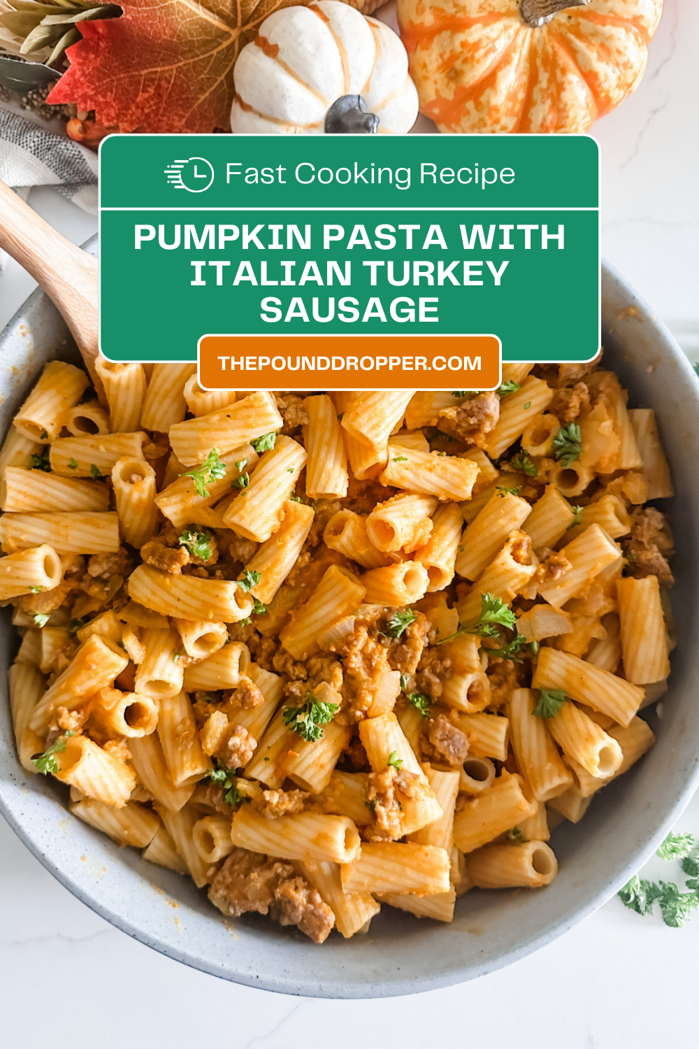 This Pumpkin Pasta with Italian Turkey Sausage is the perfect Fall meal! Simple to make, packed with delicious pumpkin flavor, and is ready in less than 30 minutes! via @pounddropper
