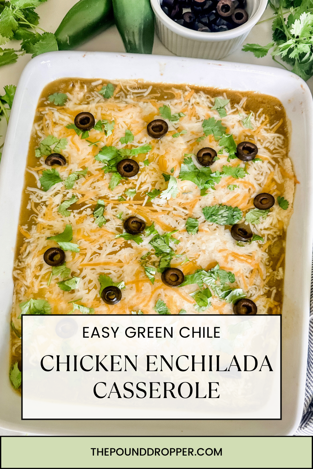 This Easy Green Chile Chicken Enchilada Casserole is an easy, one dish dinner that’s a family favorite! Made with pantry staples- it’s filling, and delicious! via @pounddropper