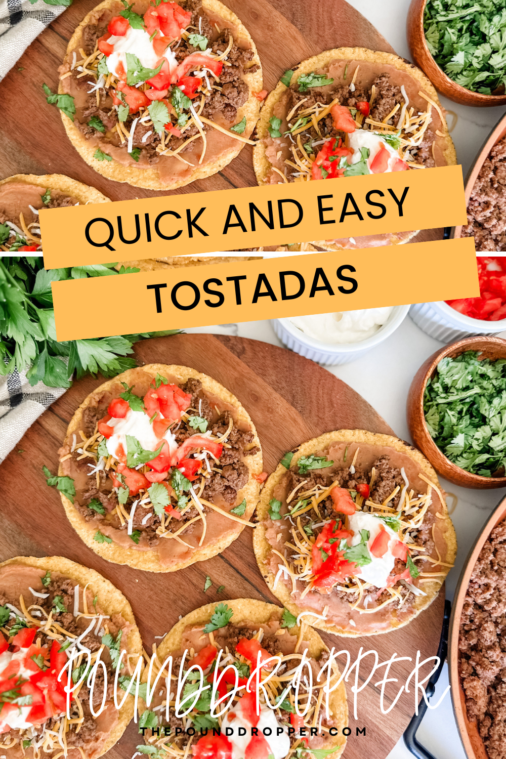 These Tostadas are just so quick and easy to make! These tostadas are made with crispy corn tortilla shells, lean ground beef, fat free refried beans, cheese, and topped with your favorite toppings! Enjoy for an easy weeknight meal or for make for an entire crowd! via @pounddropper