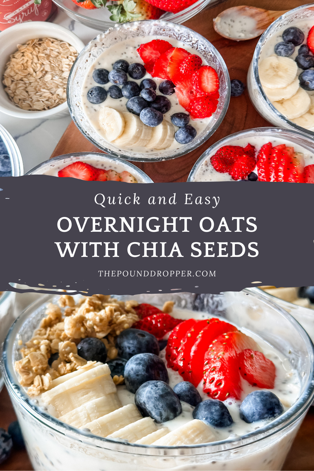 This Quick and Easy Overnight Oats with Chia Seeds recipe makes for a simple healthy breakfast for those busy mornings. These are versatile and can be customized by adding your favorite add in's and fruit toppings! Takes less than five minutes of prep time! via @pounddropper