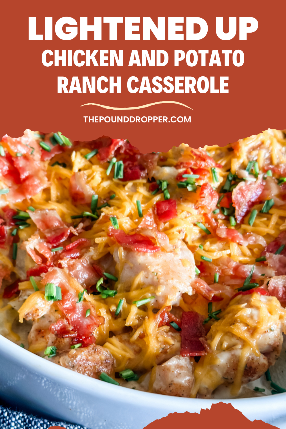 This Lightened Up Chicken and Potato Ranch Casserole is packed with protein-rich chicken, tender potatoes, and flavorful lightened up ranch dressing! It's a quick and easy casserole that your whole family will enjoy! via @pounddropper