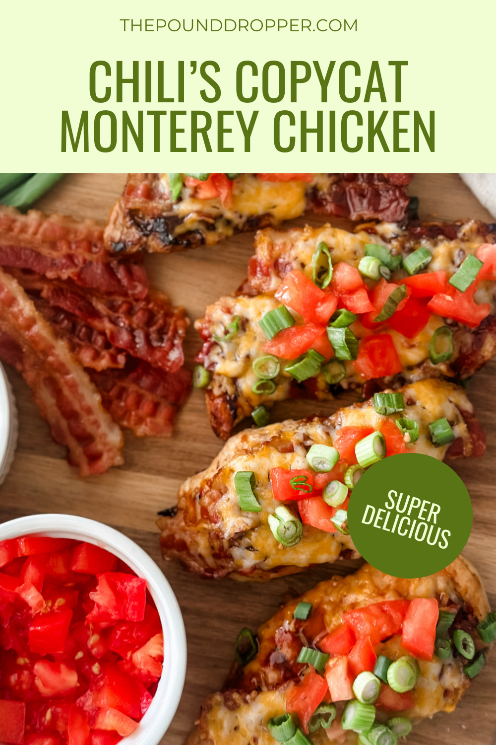 his Monterey Chicken is made with tender, juicy chicken breasts topped with a sugar free barbecue sauce, crispy bacon, melted Monterey Jack cheese, fresh tomatoes, and green onions. Truly scrumptious!! It's packed with protein, low in carbs, and will keep you full for hours! The combination of ingredients gives this dish the perfect blend of flavors!  It's a restaurant-quality dish that your whole family will love.  via @pounddropper