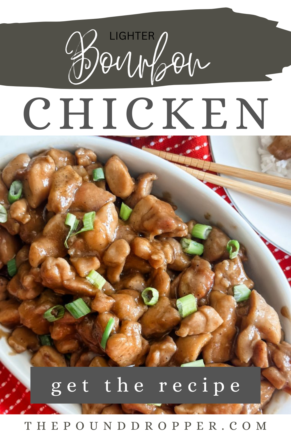This Lighter Bourbon Chicken is made with tender chicken thighs smothered in a lightened up sticky bourbon sauce! This restaurant-worthy chicken dish can be made in less than 30 minutes! Packed with protein and perfect for those busy weekday nights!   via @pounddropper