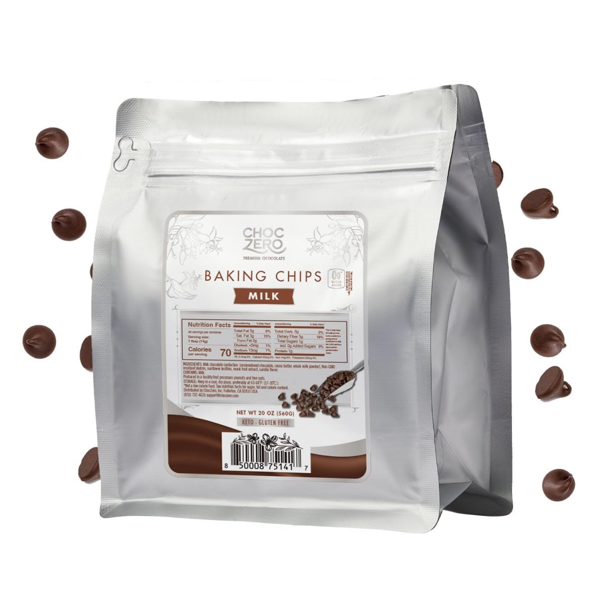 ChocZero Milk Chocolate Chips - No Sugar Added, Low Carb, Keto Friendly, Gluten Free