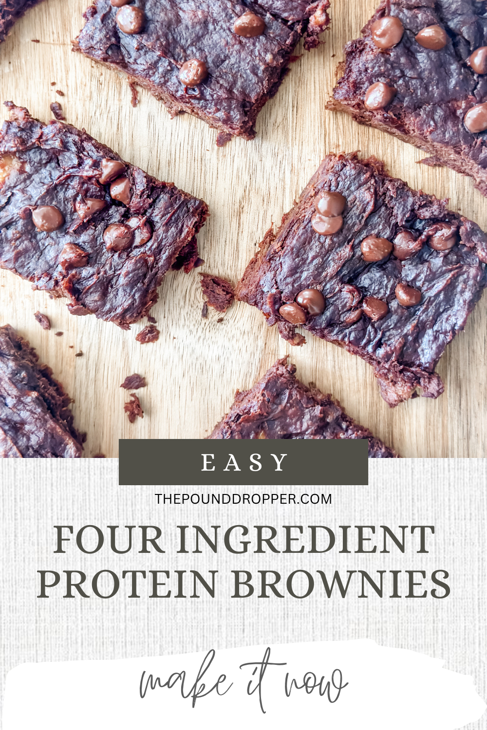 These Four Ingredient Protein Chocolate Peanut Brownies  have NO flour, No refined sugar, NO eggs, and No butter- making for a guilt free-protein packed dessert! via @pounddropper