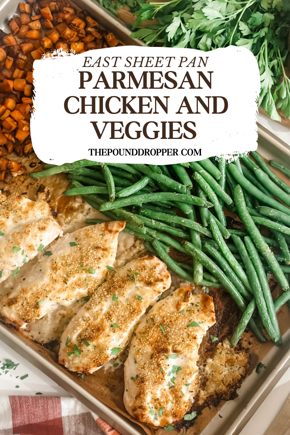 This Sheet Pan Parmesan Chicken and Veggies is a spin on our popular Greek yogurt Parmesan Chicken that teams up with veggies and potatoes on one pan for an easy weeknight dinner! It's easy to make, flavorful, and filling! via @pounddropper