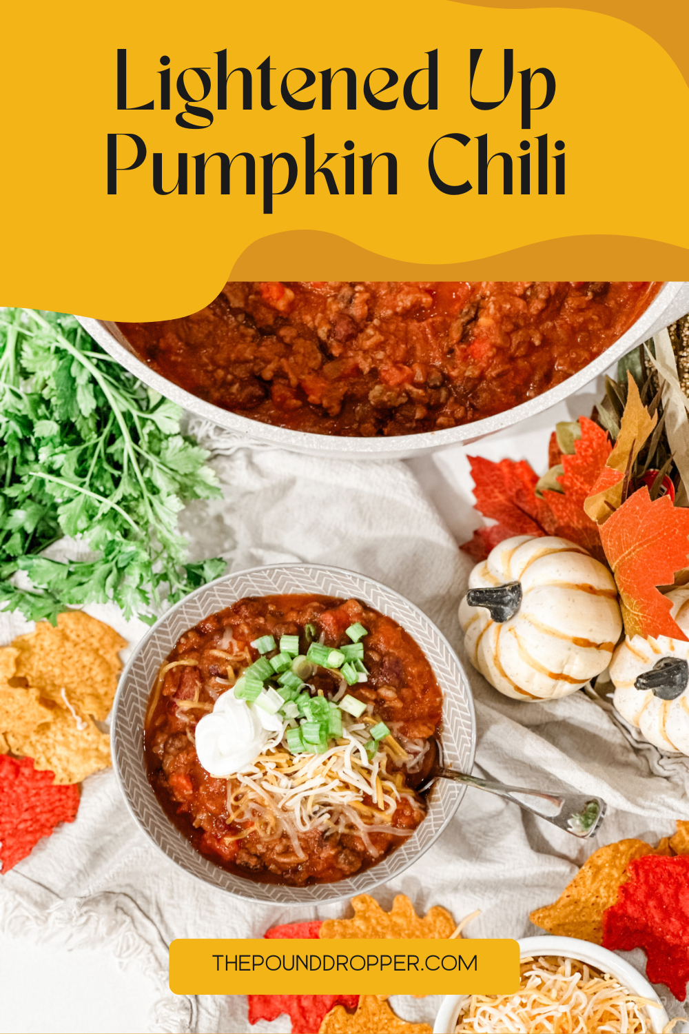 This Lightened Up Pumpkin Chili is a traditional chili that incorporates pumpkin puree-making for a delicious, hearty, fall comfort meal.  Filled with warm spices, pumpkin puree, lean ground beef or turkey, beans, and diced tomatoes! All the flavors of fall! via @pounddropper