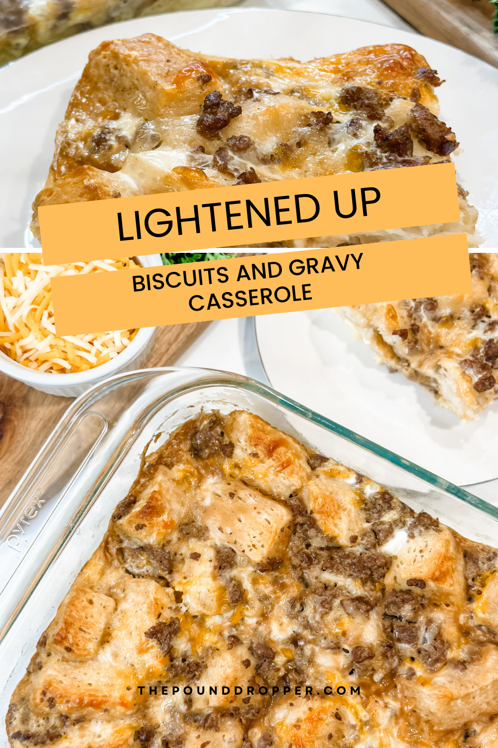 This Lightened Up Biscuits And Gravy Casserole is a protein packed breakfast casserole dish that is baked all together in one dish for an easy weekend brunch or breakfast! It’s easy to make and full of flavor!! via @pounddropper