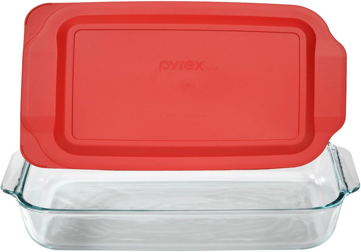 Pyrex Basics 3 Quart Glass Oblong Baking Dish with Red Plastic Lid -9 inch x 13 inch