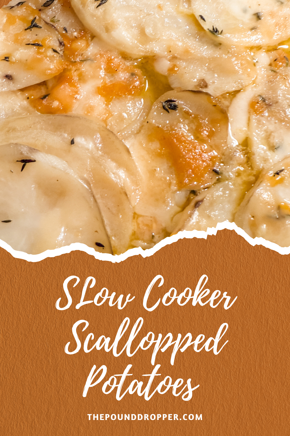 These Slow Cooker Scalloped Potatoes are deliciously cheesy and make for the perfect side dish for your next Holiday party! It's a crowd pleasing dish and a must have for the holidays! via @pounddropper