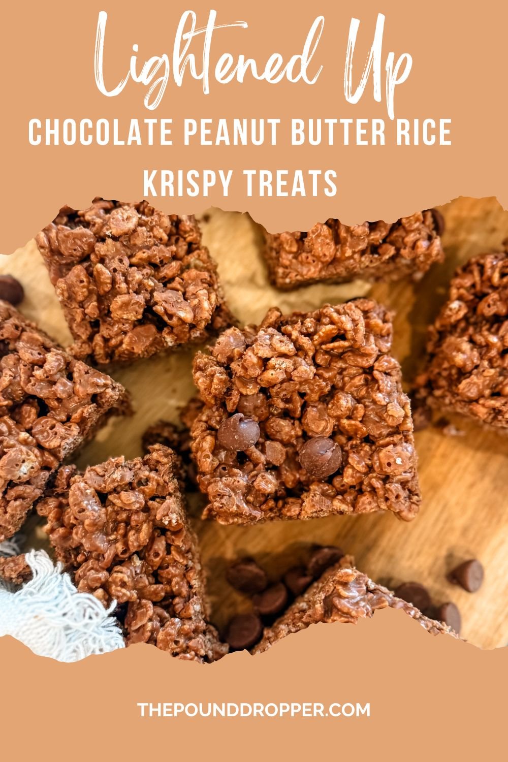 These Lightened Up Chocolate Peanut Butter Rice Krispy Treats are made with just three ingredients! These are everything you crave in a treat-crispy, crunchy, and topped with decadent no sugar added chocolate! via @pounddropper