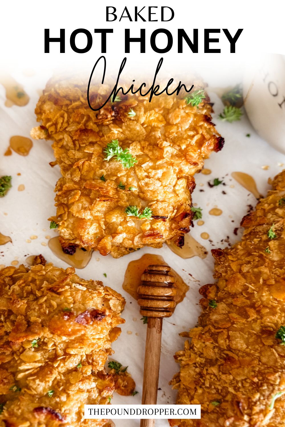 This Baked Hot Honey Chicken is a mouth watering chicken recipe that you will want to make any night of the week! Tender chicken breasts coated in flour, eggs, and crispy corn flakes and baked to perfection! Then to top it off..drizzled with hot honey, what’s not to love? via @pounddropper