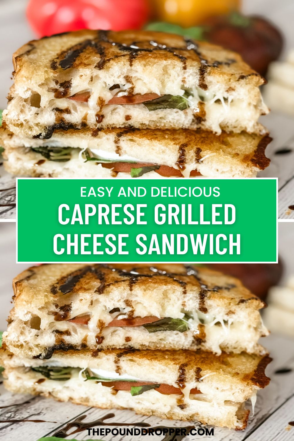 This Caprese Grilled Cheese Sandwich makes for the BEST summer lunch! A mouth watering sandwich on sour dough bread-packed with fresh Heirloom tomatoes, fresh basil, and mozzarella cheese and a cooked in savory garlic butter. It's scrumptious and simple to make! via @pounddropper