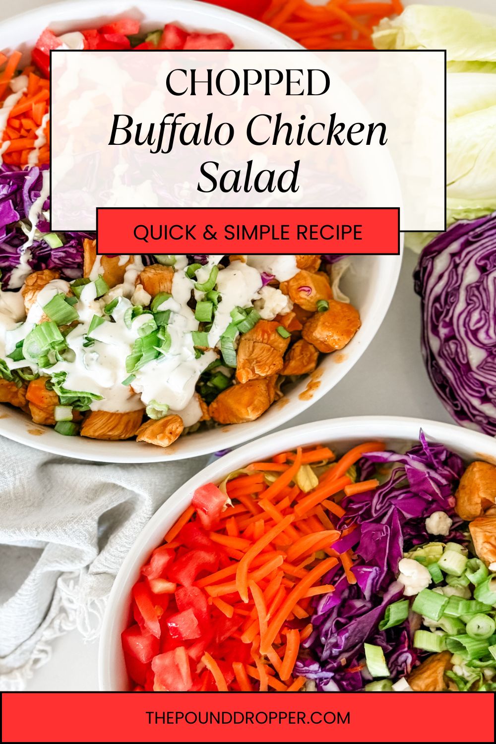This Chopped Buffalo Chicken Salad makes for a simple healthy meal! It's low-carb and is unbelievably delicious! If you’re a buffalo chicken fan, you’re going to be absolutely obsessed with buffalo chicken salad. via @pounddropper