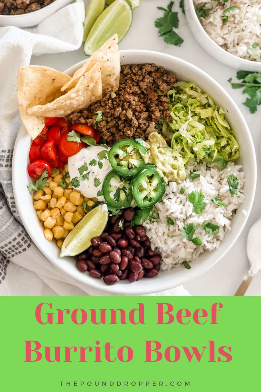 These Ground Beef Burrito Bowls are easy to make and are packed with so much flavor! Seasoned lean ground beef, cilantro lime rice, black beans, mini cherry tomatoes, avocado, and served with a zesty lime crema that makes them irresistibly delicious! A healthy meal idea-and an easy meal prep! via @pounddropper