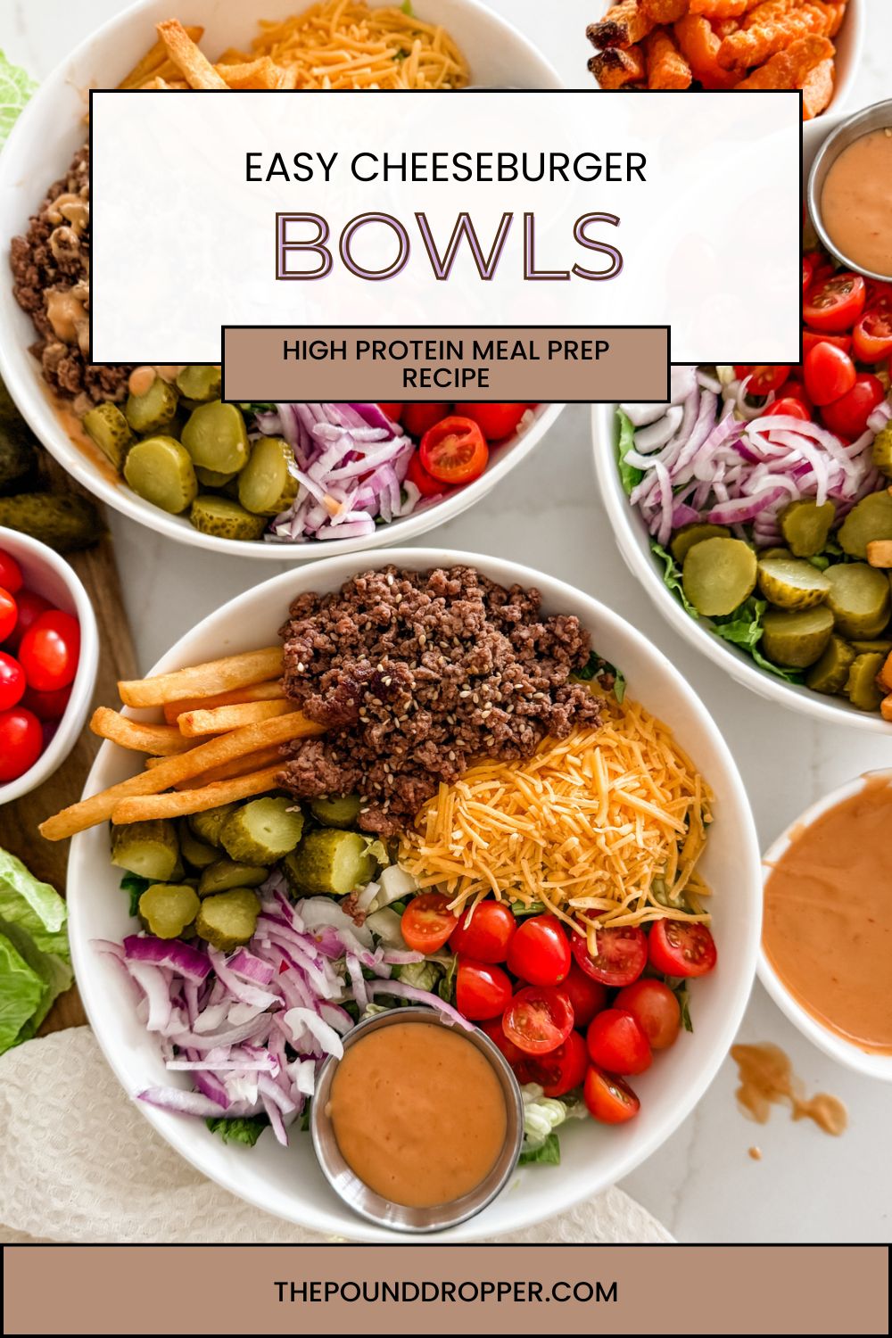 These Easy Cheeseburger Bowls are basically deconstructive cheeseburgers without the bun. They're absolutely delicious and the perfect lunch or dinner, ready in less than 30 minutes. High in protein, low in carbs, and loaded with bold flavors. A simple high protein meal prep recipe! via @pounddropper