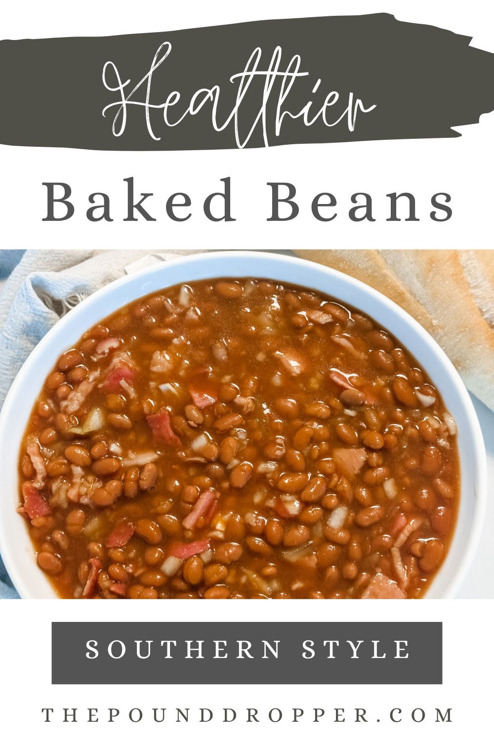 These Healthier Slow Cooker Southern Style Baked Beans are a sweet and savory side dish-without added sugar! Made with a base of canned beans, featuring ingredients like center cut bacon, diced onion, brown sweetener, and yellow mustard.&nbsp; A perfect side dish to any meal! via @pounddropper