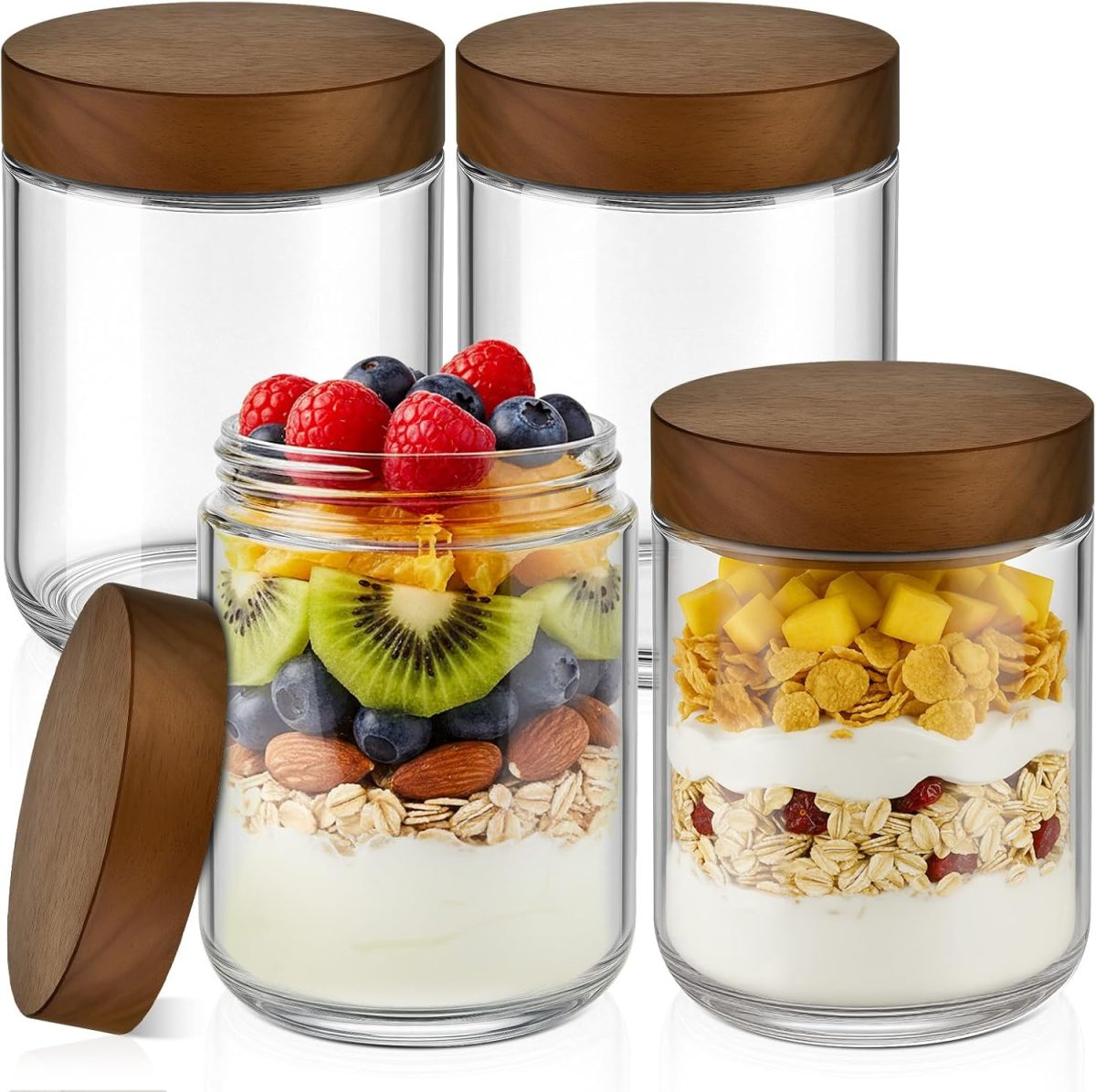 16 oz Overnight Oats Containers with Lids, Glass Mason Jars with Acacia Wood Airtight Lid,